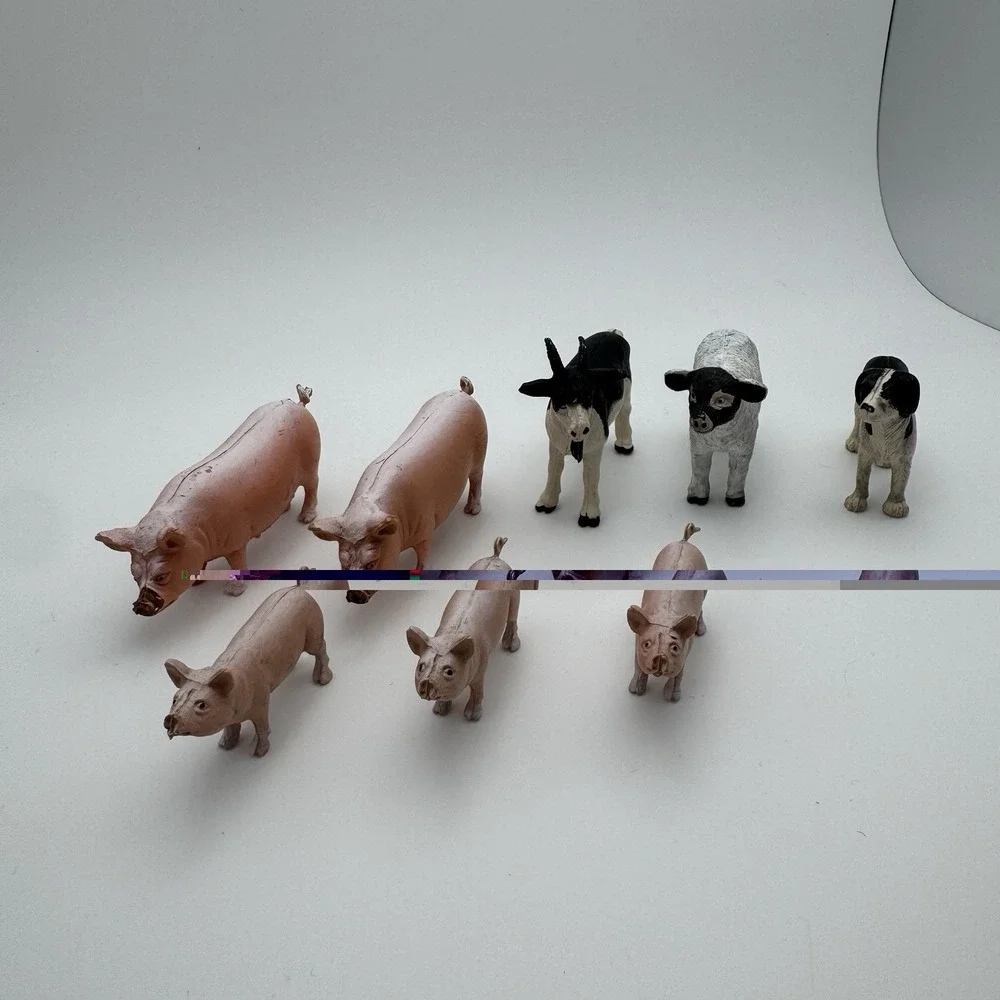 1989 Funrise ~ 8 Farm Animals Figurines Pig Sow Piglets Dog Goat Sheep Lamb Vtg